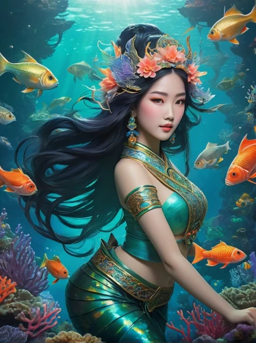 mermaid background,underwater background,the sea maid,oriental princess,mermaid vectors,water lotus,fantasy art,ornamental fish,chinese art,vietnamese woman,mermaid,merfolk,water nymph,fantasy picture,underwater world,oriental painting,under the sea,teal blue asia,oriental girl,asian culture,Illustration,Retro,Retro 02