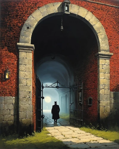 archway,gateway,the threshold of the house,prison,city gate,james handley,andreas cross,the girl at the station,pedestrian,girl walking away,train station passage,tixall gateway,martin fisher,arco humber,thoroughfare,gas lamp,woman walking,iron gate,passage,farm gate,Conceptual Art,Fantasy,Fantasy 29