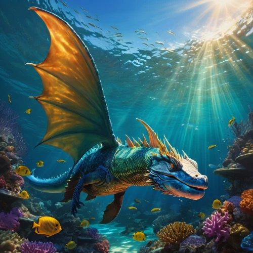 marine reptile,underwater background,coelacanth,merfolk,marine animal,merman,underwater fish,sea life underwater,lissotriton,underwater world,god of the sea,fantasy picture,underwater landscape,sea animal,aquarium inhabitants,cynorhodon,aquatic animals,mermaid background,marine iguana,aquatic life,Illustration,American Style,American Style 07