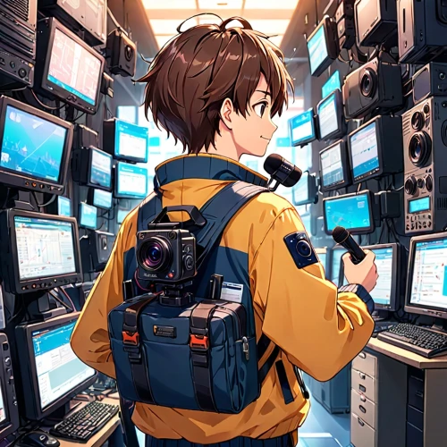 newscaster,camera illustration,transceiver,cg artwork,switchboard operator,sound carrier,earth station,operator,oscilloscope,camera operator,dispatcher,astronomer,radio relay,flight engineer,engineer,telephone operator,haruhi suzumiya sos brigade,circuit breaker,cameraman,television accessory,Anime,Anime,Traditional