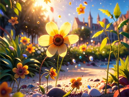 flower in sunset,blooming field,flower field,daisies,scattered flowers,summer background,spring background,flower background,cartoon flowers,sea of flowers,flowers field,sun daisies,springtime background,australian daisies,falling flowers,summer flowers,tiny world,spring sun,summer bloom,bright flowers,Anime,Anime,Cartoon