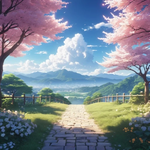 landscape background,violet evergarden,beauty scene,japanese sakura background,sakura background,blooming field,springtime background,spring background,studio ghibli,beautiful landscape,scenery,a beautiful day,spring morning,the natural scenery,high landscape,sakura trees,pathway,flower field,the scenery,home landscape,Photography,General,Realistic