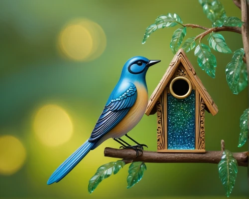 wooden birdhouse,bird house,birdhouse,birdhouses,bird home,bird feeder,decoration bird,bluebird perched,blue bird,birdfeeder,bird painting,western bluebird,lazuli bunting,colorful birds,bluebird,beautiful bird,bird food,nature bird,indigo bunting,blue birds and blossom,Illustration,Abstract Fantasy,Abstract Fantasy 22