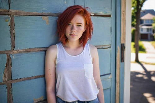 red-haired,redheaded,redhair,girl in t-shirt,red hair,redhead,red head,redheads,redhead doll,maci,girl in overalls,cotton top,freckles,portrait photography,ginger rodgers,in a shirt,beautiful young woman,nora,lis,teen,Conceptual Art,Oil color,Oil Color 17