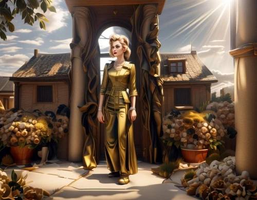 c-3po,goddess of justice,rapunzel,golden autumn,cg artwork,golden crown,mary-gold,yellow jumpsuit,golden frame,golden light,golden color,golden rain,golden candle plant,golden pot,gold wall,golden apple,art deco woman,golden flowers,gold castle,golden sun