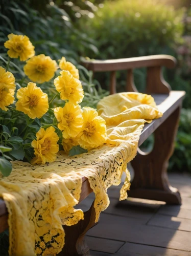 garden bench,yellow rose on red bench,flower blanket,yellow chrysanthemums,outdoor table,yellow garden,yellow rose on rail,tablecloth,garden chrysanthemums,outdoor bench,wooden bench,flower fabric,the garden marigold,garden marigold,yellow flowers,garden furniture,flower marigolds,tagetes,blanket of flowers,yellow daisies,Illustration,Paper based,Paper Based 23
