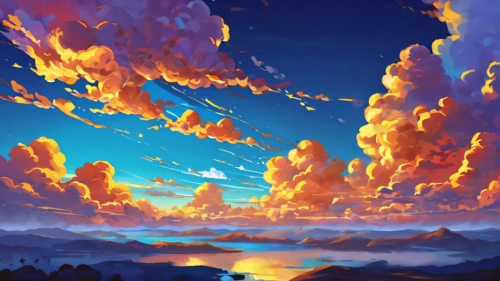 mountain sunrise,fantasy landscape,cloud mountains,sky,sky clouds,sea of clouds,fire on sky,clouds,hot-air-balloon-valley-sky,volcanic landscape,cloudscape,cloud mountain,chinese clouds,skies,sunrise in the skies,landscape background,epic sky,fire mountain,clouds - sky,high landscape,Conceptual Art,Daily,Daily 24