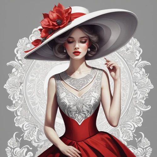 fashion illustration,fashion vector,lady in red,red hat,the hat of the woman,rose white and red,art deco woman,bridal clothing,red rose,beautiful bonnet,victorian lady,panama hat,evening dress,ladies hat,diamond red,white and red,dressmaker,the hat-female,man in red dress,woman's hat,Illustration,Realistic Fantasy,Realistic Fantasy 15