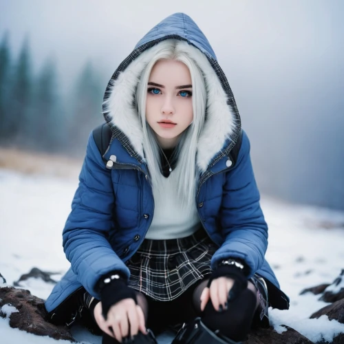 winterblueher,parka,winter clothing,winter clothes,eskimo,winter background,the snow queen,girl sitting,cold,elsa,suit of the snow maiden,winters,winter dress,winter,portrait photography,freezing,blue snowflake,worried girl,winter mood,cold weather,Illustration,Japanese style,Japanese Style 14