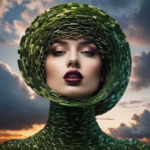 the hat of the woman,art deco woman,woman's hat,the hat-female,image manipulation,photo manipulation,womans hat,beautiful bonnet,photoshop manipulation,cloche hat,conical hat,fantasy portrait,photomanipulation,medusa,women's hat,green mermaid scale,ladies hat,head woman,girl in a wreath,vintage woman,Photography,Artistic Photography,Artistic Photography 11