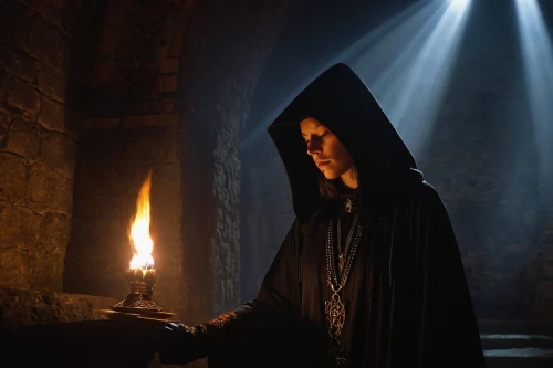 the abbot of olib,hooded man,candlemas,flickering flame,candlemaker,archimandrite,black candle,hieromonk,the nun,grimm reaper,benedictine,middle eastern monk,sorceress,grim reaper,orthodoxy,benediction of god the father,cloak,candle wick,carmelite order,the prophet mary,Conceptual Art,Oil color,Oil Color 18