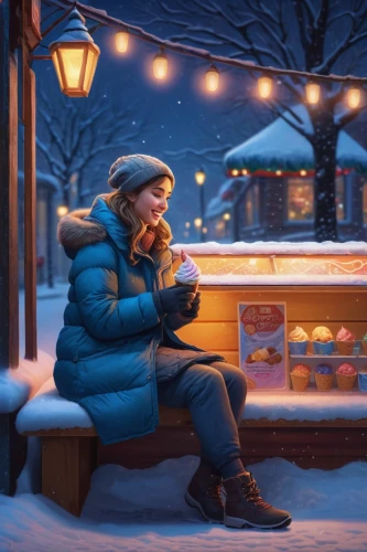 cold drink,winter drink,woman with ice-cream,winter background,donut illustration,hot drinks,winter festival,frozen dessert,hot cocoa,woman drinking coffee,frozen drink,winter mood,hot beverages,hygge,hot drink,russian winter,winters,warm and cozy,advent market,winter,Illustration,Realistic Fantasy,Realistic Fantasy 27