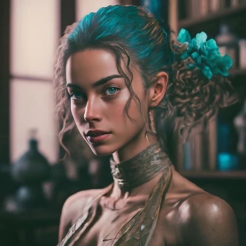 fantasy portrait,turquoise,color turquoise,teal,elven,blue peacock,flora,tattoo girl,patina,romantic portrait,mystical portrait of a girl,fairy peacock,turquoise leather,bodypaint,elven flower,boho,blue enchantress,bylina,elsa,updo