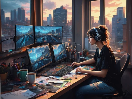 girl at the computer,world digital painting,girl studying,gaming,gamer,gamer zone,cyberpunk,fractal design,computer game,creative office,computer addiction,working space,game illustration,gamers,consoles,game addiction,game art,freelancer,desk,computer art,Conceptual Art,Fantasy,Fantasy 19