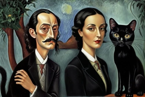 el salvador dali,mobster couple,roaring twenties couple,clue and white,gothic portrait,man and wife,vintage man and woman,two people,two cats,american gothic,grant wood,vintage cats,cat family,man and woman,old couple,groucho marx,wright brothers,dali,young couple,vintage art