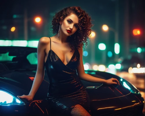 girl and car,girl in car,femme fatale,car model,automotive lighting,woman in the car,retro woman,coquette,photo session at night,night highway,car service,car lights,latex clothing,nightlife,car boutique,black dress with a slit,boulevard,hood ornament,city car,retro women,Art,Classical Oil Painting,Classical Oil Painting 10