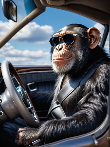 automotive decor,chimpanzee,barbary monkey,primate,behind the wheel,driving a car,leather steering wheel,chimp,motoring,monkeys band,autonomous driving,common chimpanzee,monkey gang,driving car,anthropomorphized animals,car rental,car dashboard,driving assistance,chauffeur car,great apes,Illustration,Black and White,Black and White 15