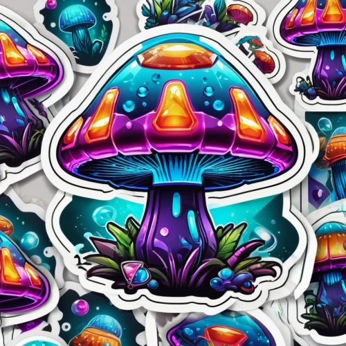 mushroom landscape,mushrooms,agaric,mushroom type,mushroom island,mushroom,stickers,club mushroom,fungi,forest mushroom,forest mushrooms,tree mushroom,blue mushroom,lingzhi mushroom,ufos,psychedelic art,kaleidoscope art,ufo,blotter,toadstools,Unique,Design,Sticker