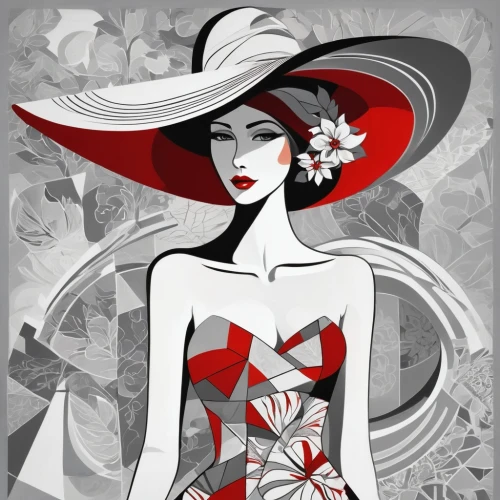 fashion illustration,art deco woman,fashion vector,panama hat,art deco,geisha girl,retro paper doll,art deco background,red hibiscus,queen of hearts,red magnolia,retro pin up girl,dressmaker,red hat,retro 1950's clip art,valentine day's pin up,vintage illustration,vintage fashion,pin ups,pin up girl,Art,Artistic Painting,Artistic Painting 45