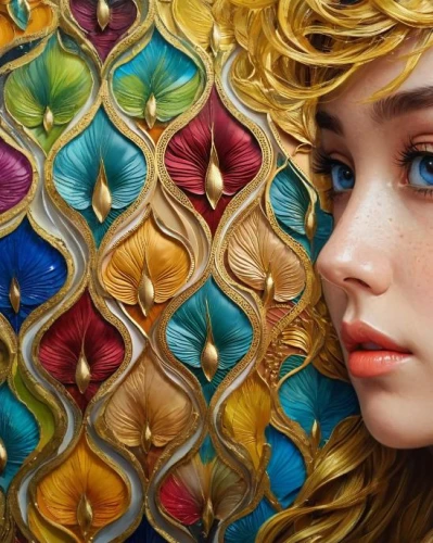 oil painting on canvas,fractals art,fantasy portrait,girl in a wreath,fantasy art,mystical portrait of a girl,oil painting,art nouveau,meticulous painting,golden wreath,boho art,emile vernon,art painting,golden haired,oil on canvas,rapunzel,gold leaf,cloves schwindl inge,portrait of a girl,fabric painting