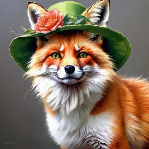 a fox,fox,cute fox,red fox,adorable fox,garden-fox tail,redfox,child fox,fox hunting,little fox,flower animal,animal portrait,vulpes vulpes,firefox,beautiful bonnet,anthropomorphized animals,foxes,watercolour fox,whimsical animals,flower hat