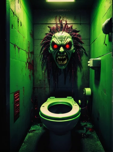 toilet,washroom,creepy doorway,toilets,toilet seat,horror clown,rest room,toilet table,haunted house,public restroom,creepy clown,restroom,outhouse,the haunted house,bathroom accessory,madhouse,doctor's room,krampus,toilet roll holder,disabled toilet,Conceptual Art,Sci-Fi,Sci-Fi 26