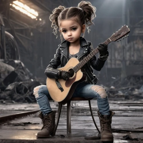 rocker,musician,guitar player,guitarist,playing the guitar,rock music,girl sitting,girl child,the little girl,fashionable girl,little girl,guitar,music artist,lead guitarist,female doll,concert guitar,child model,lady rocks,music is life,rock and roll