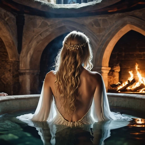 fire and water,hot tub,the girl in the bathtub,game of thrones,woman at the well,the night of kupala,spa,bath,thermal bath,games of light,accolade,the blonde in the river,mermaid silhouette,thrones,jacuzzi,water bath,water nymph,fireplaces,fantasy woman,the enchantress,Photography,Artistic Photography,Artistic Photography 01