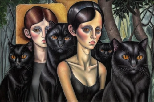 cat family,the mother and children,gothic portrait,nightshade family,surrealism,felines,black cat,cats,descending order,mother and children,stepmother,family portrait,oriental shorthair,mother with children,the cat,cat lovers,the three graces,audience,dark art,oil painting