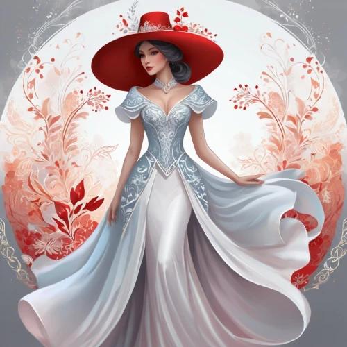 white rose snow queen,victorian lady,the hat of the woman,queen of hearts,rose white and red,fairy tale character,bridal clothing,parasol,fashion vector,fashion illustration,fairy queen,bridal dress,suit of the snow maiden,amanita,ao dai,ball gown,lady in red,wedding dress,girl in a long dress,red hat,Illustration,Realistic Fantasy,Realistic Fantasy 01