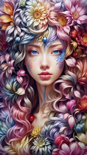 girl in flowers,fantasy portrait,kahila garland-lily,girl in a wreath,mystical portrait of a girl,flower painting,flora,flower fairy,wreath of flowers,fantasy art,elven flower,boho art,faery,flower art,sea of flowers,falling flowers,blanket of flowers,world digital painting,fae,flower girl