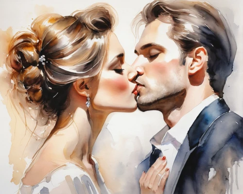 romantic portrait,wedding couple,watercolor painting,kissing,amorous,young couple,cheek kissing,watercolor,hot love,love in the mist,beautiful couple,dancing couple,art painting,fashion illustration,love couple,romantic scene,girl kiss,bride and groom,watercolor paint,couple in love,Illustration,Paper based,Paper Based 11