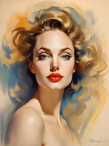 marylyn monroe - female,marylin monroe,jane russell-female,blonde woman,art deco woman,woman face,woman's face,red lips,italian painter,art painting,marilyn,oil painting,romantic portrait,red lipstick,airbrushed,vintage woman,woman portrait,vintage art,oil painting on canvas,fashion illustration,Digital Art,Impressionism