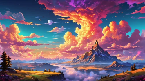 fantasy landscape,hot-air-balloon-valley-sky,mountain landscape,mountain world,cloud mountains,purple landscape,cloud mountain,fire mountain,landscape background,mountain sunrise,mountainous landscape,rainbow clouds,volcanic landscape,fantasy picture,high mountains,mushroom landscape,mountain scene,the landscape of the mountains,mountain plateau,high landscape,Conceptual Art,Daily,Daily 24