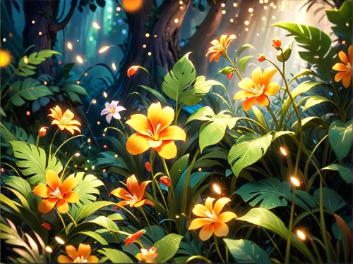 fireflies,flower background,flower painting,bright flowers,falling flowers,floral background,lilies of the valley,forest flower,yellow garden,floral digital background,blooming field,fairy forest,tropical bloom,luminous garland,golden flowers,flowers celestial,wildflowers,spring background,scattered flowers,yellow bells,Anime,Anime,Cartoon