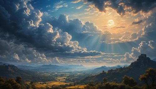 fantasy landscape,landscape background,mountain landscape,mountainous landscape,god rays,fantasy picture,world digital painting,mountain scene,mountain sunrise,high landscape,hot-air-balloon-valley-sky,nature landscape,beautiful landscape,landscapes,panoramic landscape,sun through the clouds,cloudscape,sun rays,heavenly ladder,landscape nature,Photography,General,Fantasy
