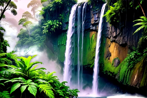 green waterfall,rain forest,waterfalls,tropical jungle,valdivian temperate rain forest,brown waterfall,rainforest,tropical and subtropical coniferous forests,tropical greens,waterfall,water fall,background view nature,erawan waterfall national park,wasserfall,landscape background,aaa,green trees with water,landscapes beautiful,tropical floral background,tropical island,Conceptual Art,Oil color,Oil Color 24