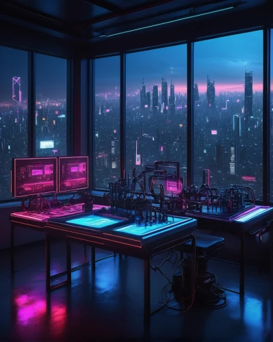 cyberpunk,study room,computer room,cityscape,laboratory,aesthetic,vapor,neon cocktails,neon lights,neon drinks,fantasy city,neon light,futuristic landscape,desk,sci fi surgery room,synthesizers,the server room,electronic,neon coffee,windows,Illustration,Japanese style,Japanese Style 12