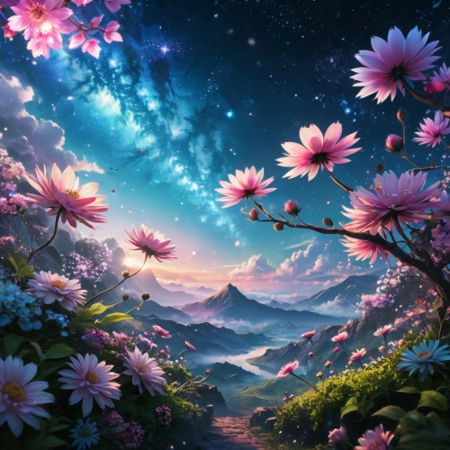 colorful stars,flower background,fantasy landscape,fairy galaxy,landscape background,floral background,sea of flowers,blooming field,flowers celestial,falling flowers,fantasy picture,field of flowers,flower field,flowerful desert,springtime background,spring background,splendor of flowers,colorful star scatters,moon and star background,unicorn background,Photography,General,Fantasy