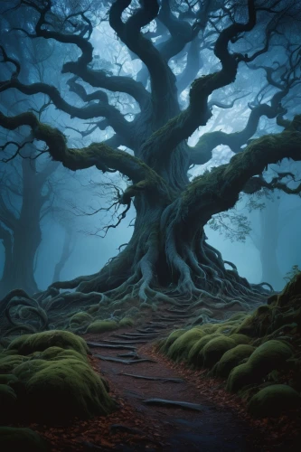 crooked forest,the roots of trees,druid grove,elven forest,forest tree,celtic tree,oak tree,haunted forest,old-growth forest,gnarled,magic tree,old gnarled oak,oak,enchanted forest,the branches of the tree,tree of life,tree grove,tree and roots,foggy forest,creepy tree,Conceptual Art,Daily,Daily 08
