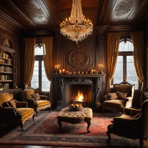 fireplaces,sitting room,ornate room,fireplace,fire place,luxury home interior,great room,chateau margaux,napoleon iii style,livingroom,living room,chaise lounge,interior design,family room,danish room,interior decor,cognac,luxury,apartment lounge,interiors,Illustration,Realistic Fantasy,Realistic Fantasy 25