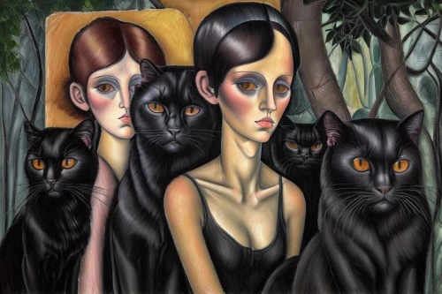 cat family,the mother and children,surrealism,gothic portrait,nightshade family,felines,black cat,mother and children,oriental shorthair,cats,mother with children,oil painting,oil painting on canvas,the cat,cat lovers,oil on canvas,stepmother,witches,carol colman,audience