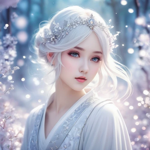 white rose snow queen,white blossom,the snow queen,suit of the snow maiden,fantasy portrait,faery,fairy queen,pale,white lady,cold cherry blossoms,white beauty,faerie,eternal snow,white winter dress,fairy tale character,winter rose,ice queen,enchanting,fantasy picture,winter dream,Illustration,Realistic Fantasy,Realistic Fantasy 15