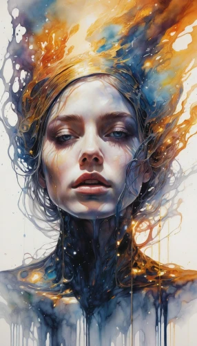 mystical portrait of a girl,aura,immersed,infusion,woman thinking,abstract artwork,meridians,aporia,siren,psychedelic art,painting technique,echo,fantasy art,gemini,oil painting on canvas,art painting,andromeda,head woman,awakening,psyche,Illustration,Paper based,Paper Based 20