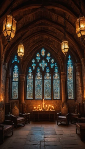 stained glass windows,wayside chapel,hogwarts,candlemaker,crypt,medieval architecture,house of prayer,sanctuary,wooden church,candlelights,chapel,wooden beams,stained glass,hall of the fallen,church faith,stalls,ornate room,candlemas,holy places,stained glass window,Conceptual Art,Fantasy,Fantasy 16