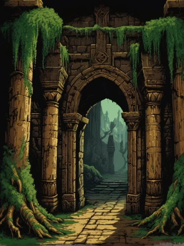 cartoon video game background,ancient city,hall of the fallen,mausoleum ruins,the ruins of the,necropolis,archway,dungeon,dungeons,ruins,druid grove,gateway,ancient buildings,the mystical path,backgrounds,hollow way,ancient,the threshold of the house,the ancient world,el arco,Unique,Pixel,Pixel 04