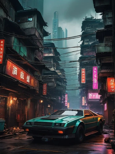 cyberpunk,shanghai,hong kong,kowloon,kowloon city,toyota ae85,taipei,hanoi,bangkok,tokyo city,chongqing,lotus esprit,testarossa,futuristic landscape,world digital painting,ferrari testarossa,futuristic,neon arrows,lamborghini diablo,nissan silvia,Illustration,Paper based,Paper Based 08