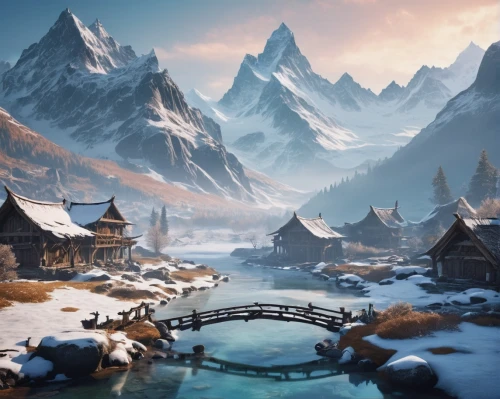 alpine village,northrend,mountain settlement,winter village,mountain village,skyrim,fantasy landscape,korean village snow,winter landscape,mountain huts,alpine pastures,snowy mountains,winter background,alpine region,mountain valley,mountain world,snowy peaks,snow landscape,snowy landscape,ice landscape,Photography,Artistic Photography,Artistic Photography 03