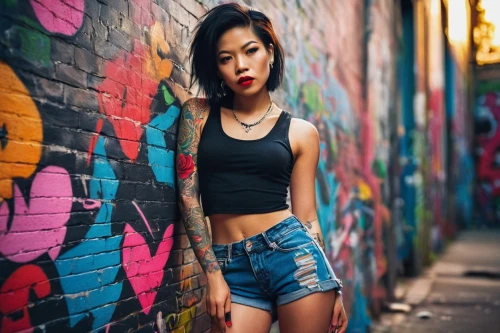 asian girl,asian woman,tattoo girl,colorful background,oriental girl,alleyway,red wall,asian,alley,phuquy,mulan,punk,asian vision,background colorful,vintage asian,asia girl,girl in t-shirt,graffiti,brick wall background,fashionable girl,Art,Artistic Painting,Artistic Painting 51