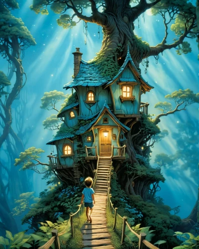 tree house,house in the forest,treehouse,tree house hotel,studio ghibli,fairy house,little house,witch's house,wooden house,lonely house,my neighbor totoro,fairy door,crooked house,house silhouette,bird house,house of the sea,monkey island,fairy tale castle,ancient house,small house,Illustration,Retro,Retro 01